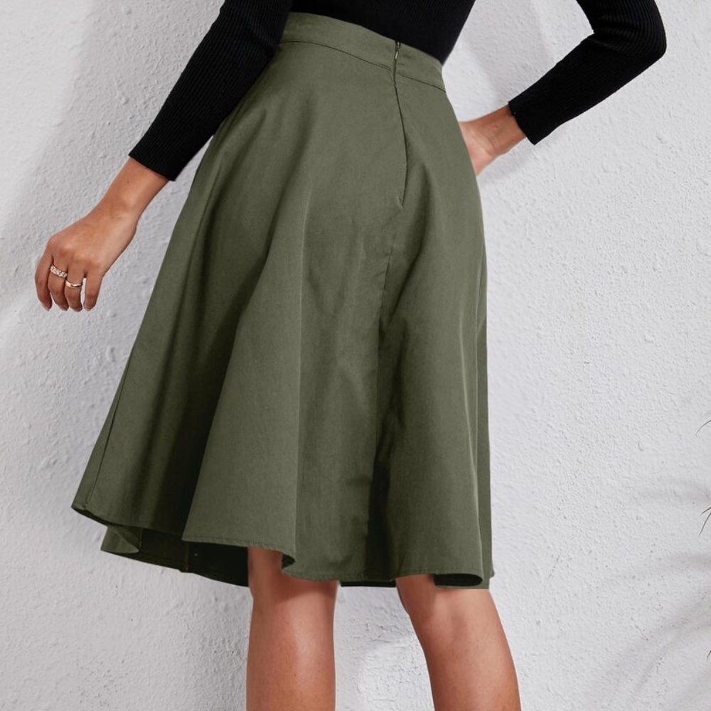 Classic Khaki Tan Button Detail Pocket Midi Skirt Work office - Picture 9 of 13